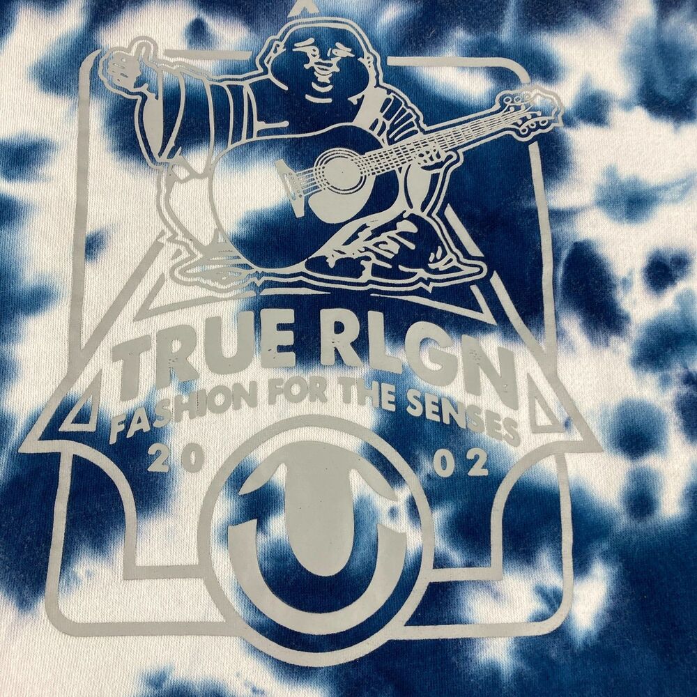 True Religion Sweatshirt Mens L Blue White Tie Dye Buddha Graphic Crewneck